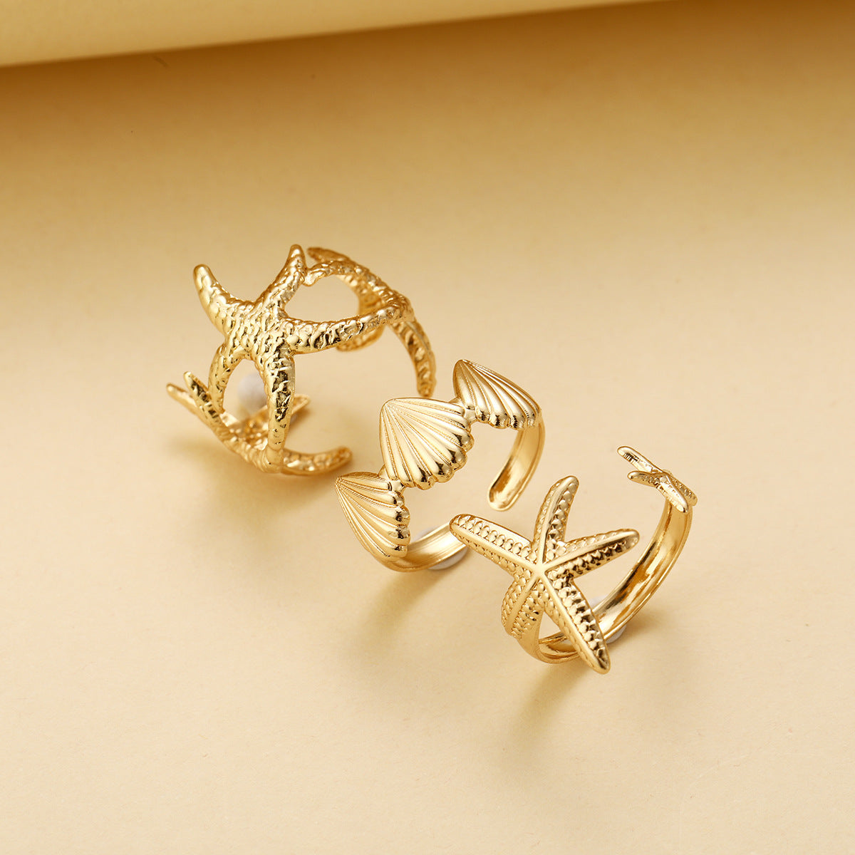 Wholesale Beach Style Starfish Shell Open Ring 3-Piece Set